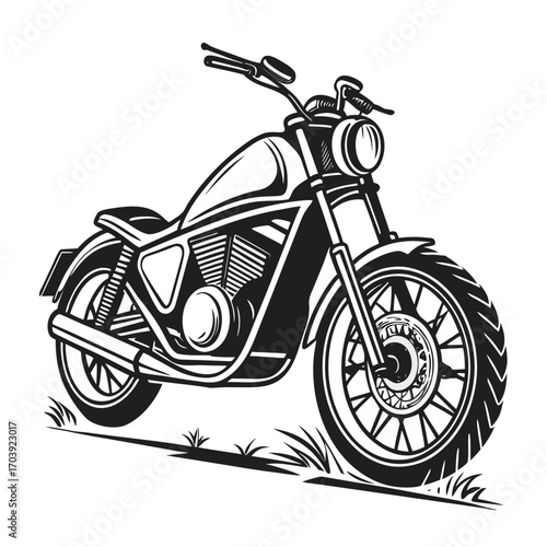 Classic american v twin engine cruiser motorcycle in black and white graphic style