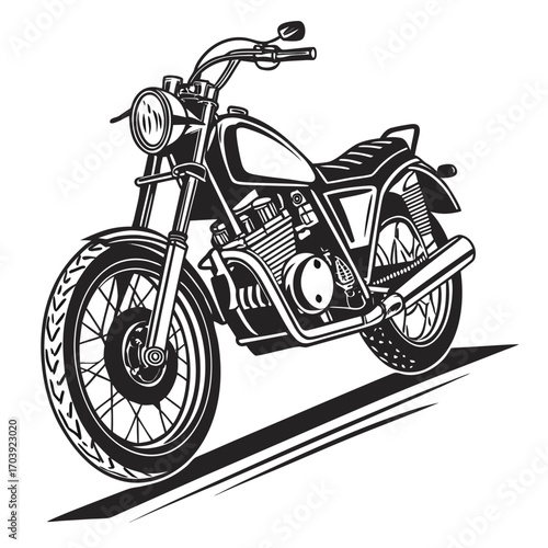 Classic motorcycle side view illustration black and white line art style with motion lines