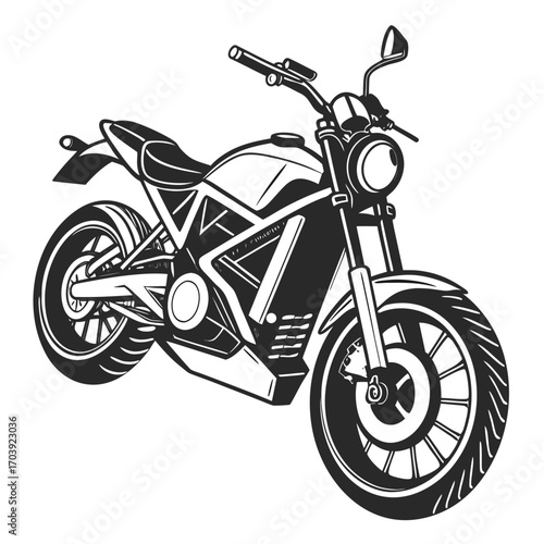 Modern electric motorcycle with a sleek design and minimalist aesthetic presented in a bold black and white illustration