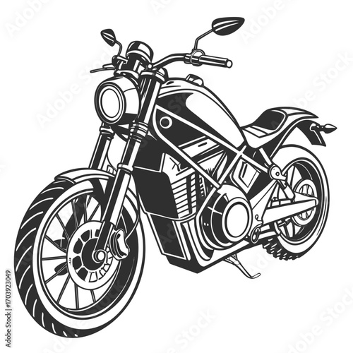 Stylized black and white line art illustration of a modern motorcycle viewed from the front three quarter angle