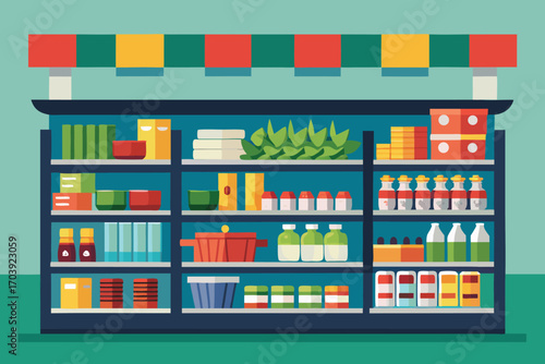 Illustration of a supermarket shelf with various products, including food, drinks, and household items