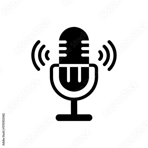 Black microphone with waves on transparent background silhouette