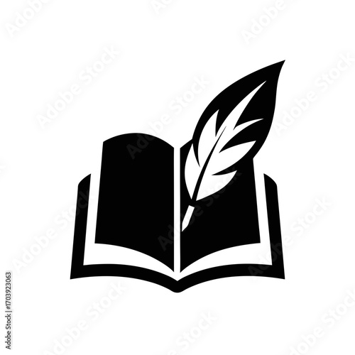 Open book with feather pen on transparent background silhouette