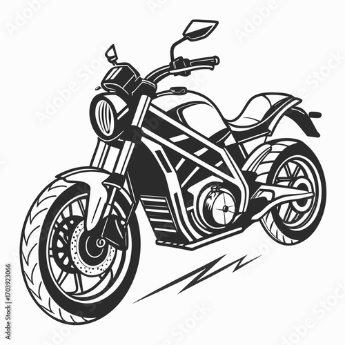 Sleek modern electric motorcycle depicted in a bold black and white graphic illustration with dynamic lines suggesting speed and motion
