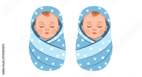 Vector of Twin Babies in Blankets with Closed Eyes