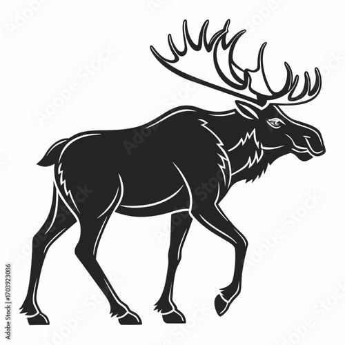 Majestic black silhouette of a bull moose with large antlers walking confidently against a white background representing wilderness and nature