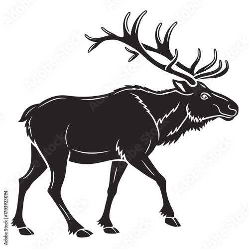 Majestic black silhouette of a caribou with large antlers walking gracefully against a white background symbolizing wilderness and nature