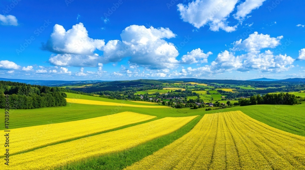 Fototapeta premium Yellow and green fields under a blue sky