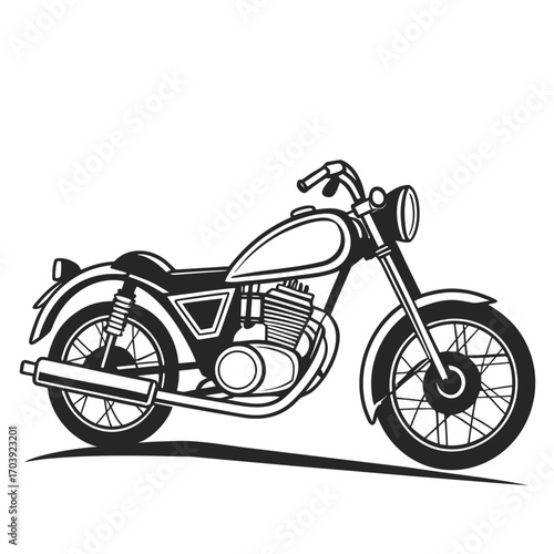 Classic black and white illustration of a vintage motorcycle with a sleek design and spoked wheels isolated on a white background