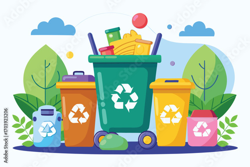 Vector art of colorful illustration of recycling bins with different colors and types of waste and green leaves around them