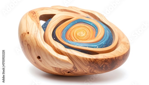 Handcrafted Wooden Sculpture with Swirling Cosmic Galaxy Resin Inlay – Modern Decorative Art