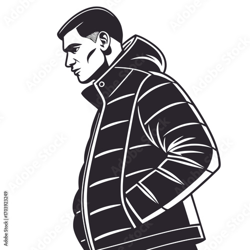 Stylized illustration of a man wearing a hooded puffer jacket with his hands in his pockets looking down thoughtfully
