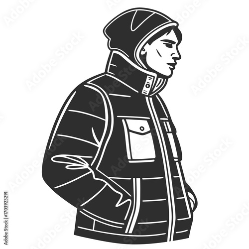 Stylized black and white illustration of a young man wearing a hooded puffer jacket with his hands in his pockets looking to the side