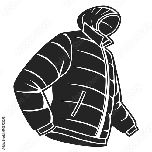 Stylized black and white illustration of a hooded puffer jacket with quilted details and a zipper presented in a clean graphic style