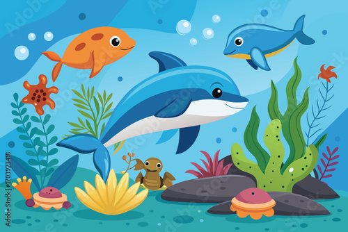 Vector art of cartoon underwater world with dolphins, fish, turtle, starfish, seaweed, and coral on a blue background