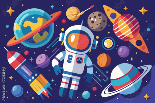 Vector art of astronaut in space surrounded by planets and stars, exploring the universe and discovering new worlds