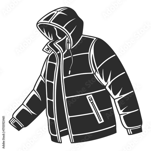 Stylized black and white illustration of a padded hooded winter jacket with a zipper and pocket