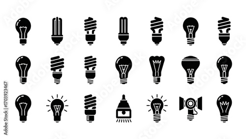 Light Bulb Icon Set, Black Silhouette Bulb Symbols Including LED, Incandescent, Fluorescent, and Energy-Saving Lamps, Minimalist Vector Collection