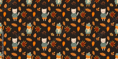 A delightful autumn seamless pattern featuring cute, cartoon cats dressed in sweaters and hats, surrounded by falling leaves, acorns, and berries on a dotted background. The design has a warm and whim