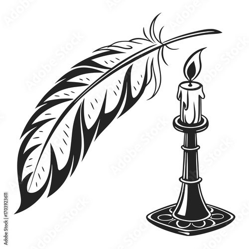 A stylized black and white illustration of a quill pen and a lit candle in a candlestick evoking a sense of writing and history
