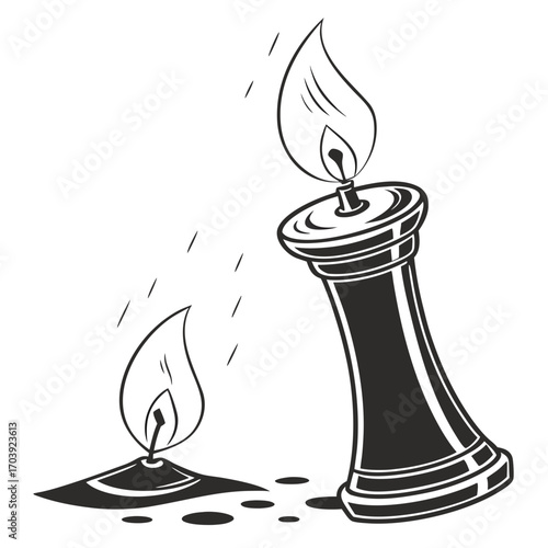 A small candle flame flickers precariously close to a larger more stable candle flame symbolizing contrast and comparison of light intensity