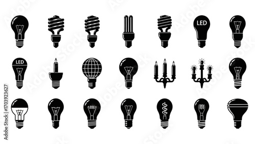 Set of Light Bulb Silhouette Icons, Black Vector Symbols of LED, Incandescent, Fluorescent, and Energy-Saving Lamps, Minimalist Lighting Illustration Pack