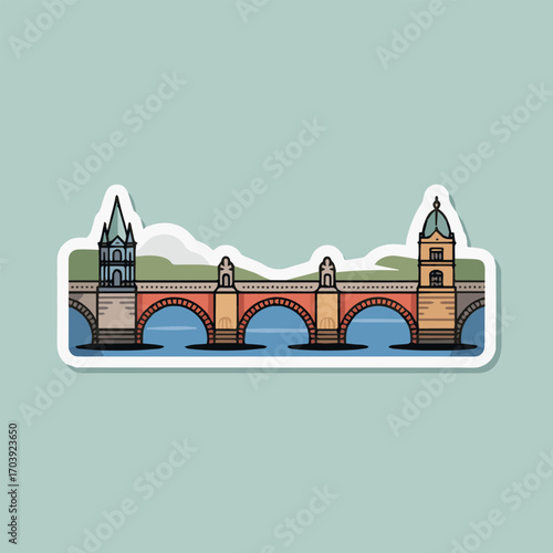 Illustration of the iconic charles bridge in prague, czech republic, gracefully spanning the vltava river against a serene backdrop, showcasing its architectural beauty and historical charm