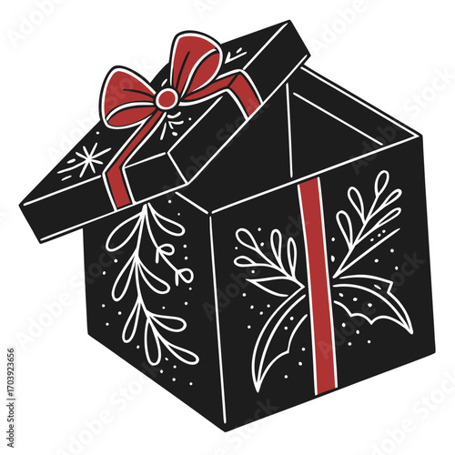 A festive black gift box with a red ribbon and decorative white floral and snowflake patterns open and ready to reveal its contents