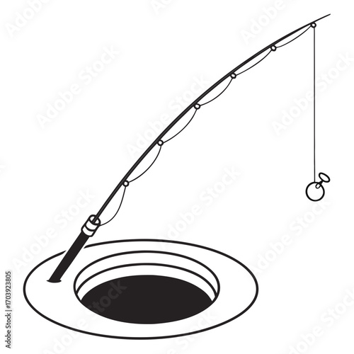 Simple black and white illustration of an ice fishing rod with a line and lure dropped into a circular hole in the ice