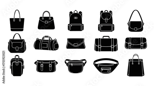 Bag Icon Set, Black Silhouette Handbag, Backpack, Tote, and Purse Symbols, Minimalist Vector Collection for Fashion, Travel, and Accessories