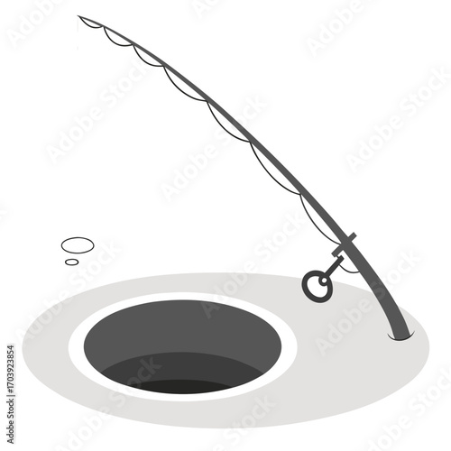 Simple illustration of an ice fishing rod with a lure dangling into a hole in the ice with bubbles rising