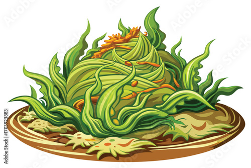 A Colorful Undersea Garden A Cartoon Illustration of Marine Life Featuring Seaweed Coral and a Brown Plate