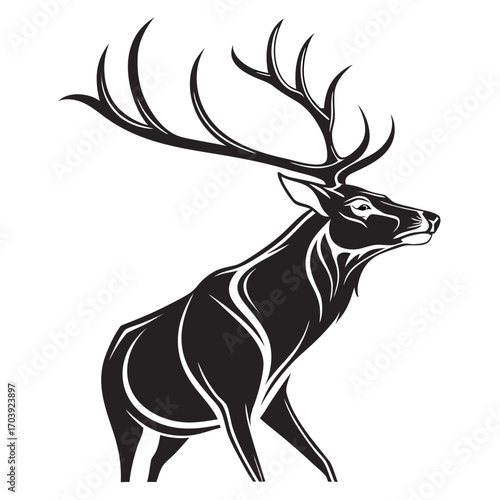 Majestic black stag with impressive antlers stands proudly against a white background in a stylized graphic illustration