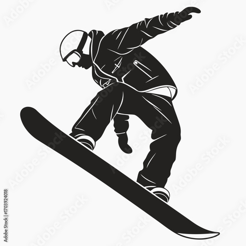 Dynamic silhouette of a snowboarder performing a trick mid air with a white background representing freedom and action