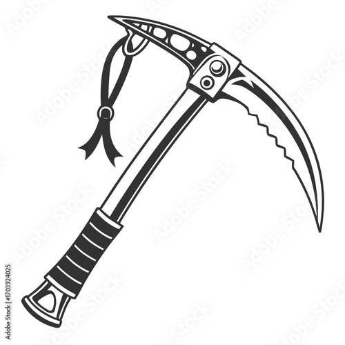 A stylized black and white illustration of a modern ice axe with a curved pick and a serrated edge featuring a lanyard and textured grip isolated on a white background