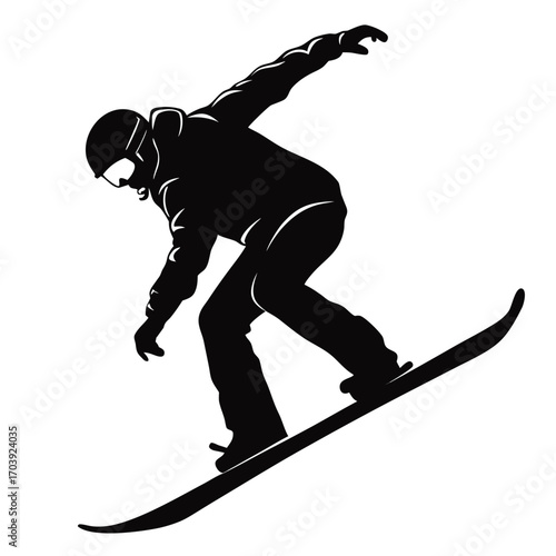 Dynamic silhouette of a snowboarder in action on a white background representing winter sports and extreme activities