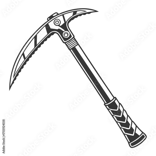 A stylized black and white illustration of a modern ice axe with a curved pick and a textured grip on a white background