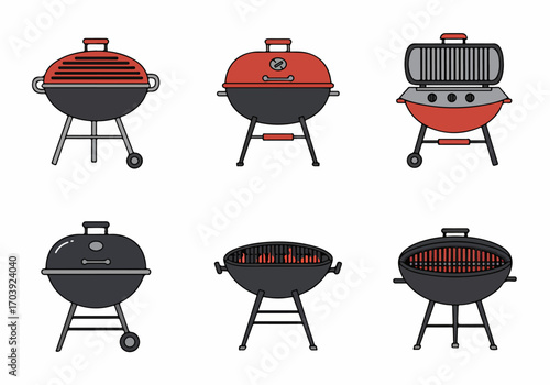 Flat design illustration set of various barbecue grills, including charcoal and gas types, perfect for outdoor summer grilling and cookouts.