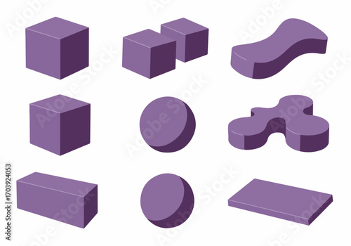Isometric Purple 3D Geometric and Organic Shapes Collection. Abstract Volumetric Elements for Modern Design and Digital Visuals on White.