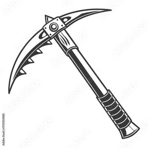 Stylized black and white drawing of an ice axe with a curved pick and sharp teeth on the adze side for climbing and mountaineering
