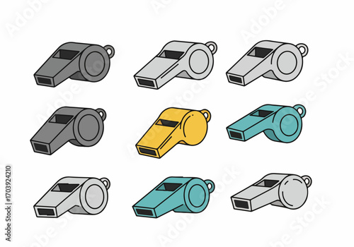 Collection of various colored referee and coach whistles, signaling authority, sport, and safety in an illustrative style.