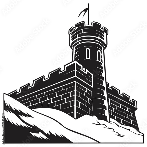 A striking black and white illustration of a medieval castle tower and battlements perched on a rocky outcrop against a white background