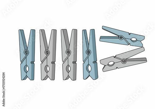 Collection of blue and grey clothes pegs in a clean, vector illustration style, depicting laundry and household items.