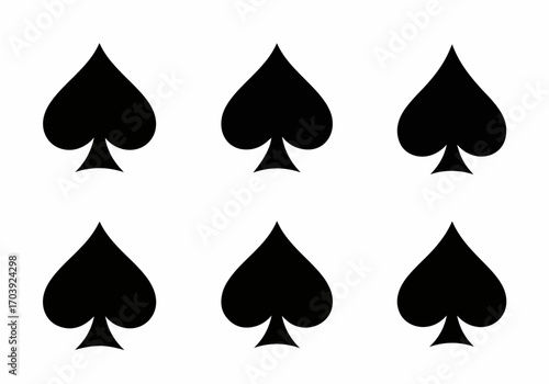 Six black spade symbols arranged on a clean white background, representing card games, gambling, and luck.