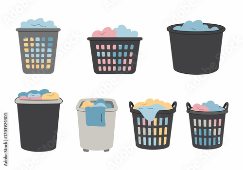 Vector illustration set of various laundry baskets and hampers filled with colorful clothes, representing household chores and cleaning.