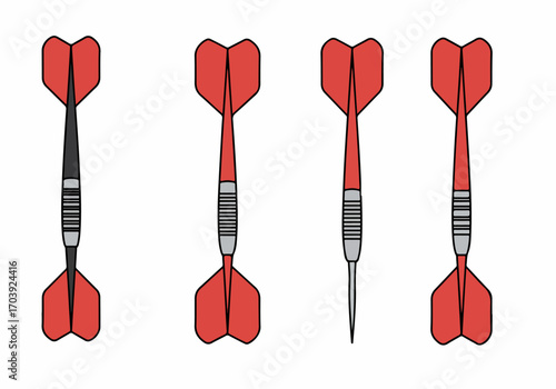 Four Red Darts Vector Illustration Set for Games and Sports on White Background