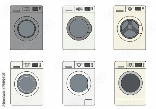 Collection of six stylized front-loading washing machines in various colors and designs, depicted as simple flat illustrations for household appliance and laundry concepts.
