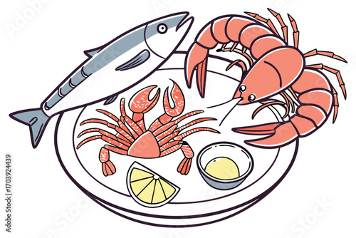 Colorful Plate of Seafood and Fruits Delicious Culinary Composition Depicting a Vibrant Meal with Lobster and Tropical Delights
