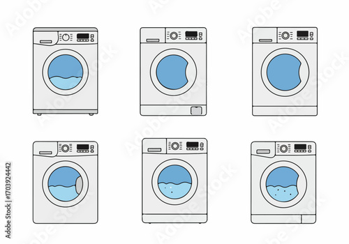 Set of six washing machine icons with water levels, illustrating laundry and household appliance concepts in a simple flat design.
