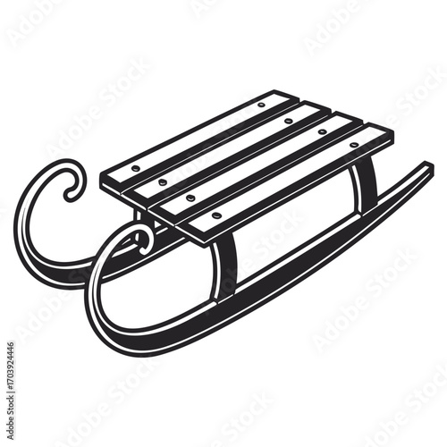 A classic wooden sled with curved runners and a slatted seat depicted in a bold black and white illustration perfect for winter fun and holiday themes